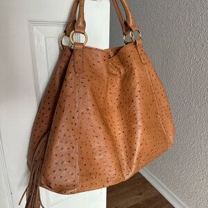G.I.L.I. Genuine Leather Large Tote – Ostrich Texture, Rich Brown, Luxe Details